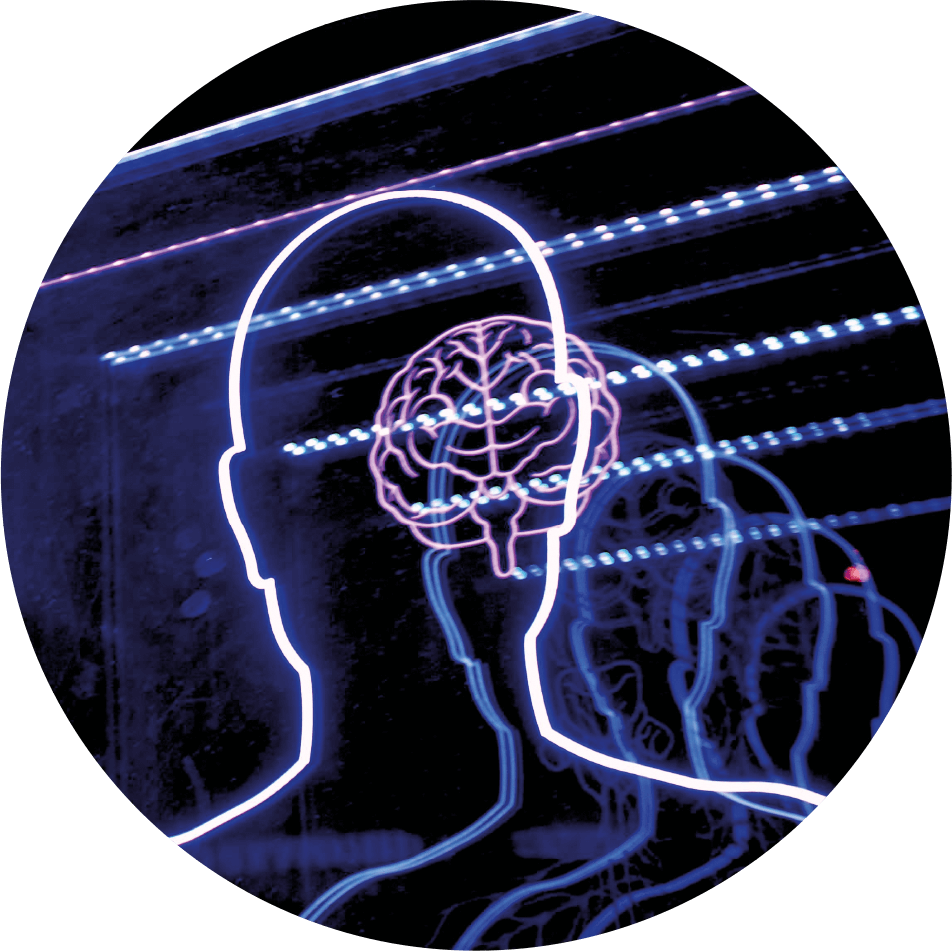Neon light outline of man with brain